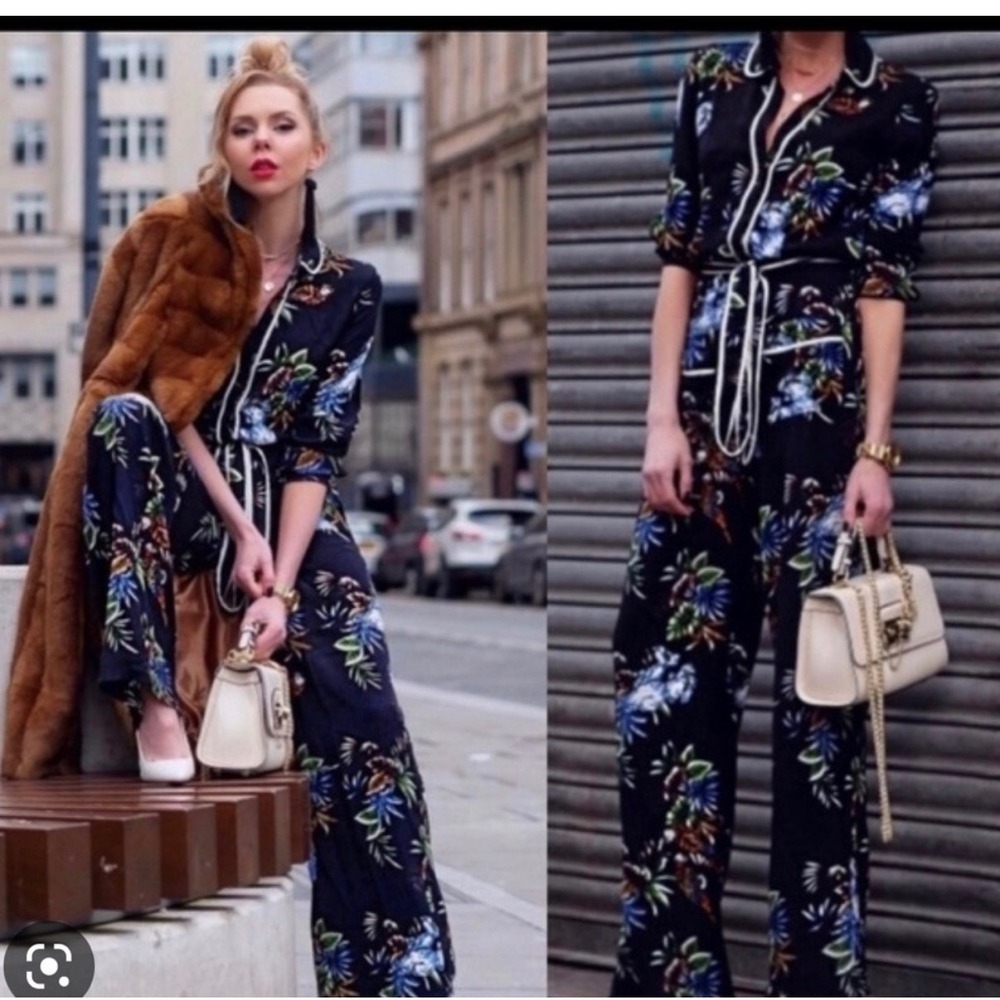 Zara Woman Floral Tropical Bird Print Wide Leg Jumpsuit Navy Blue Large